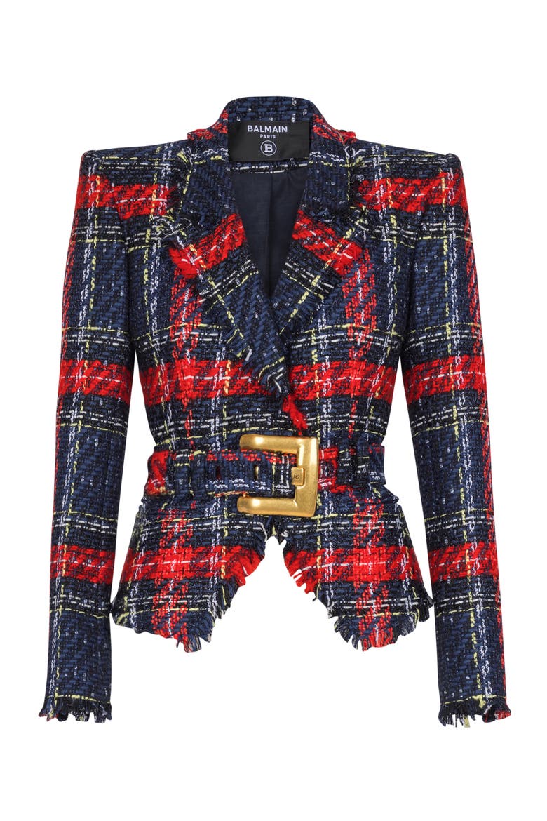 Belted plaid tweed jacket, Alternate, color, red