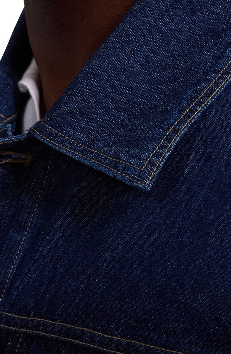 Bugatchi Leather Trim Denim Trucker Jacket, Alternate, color, Navy