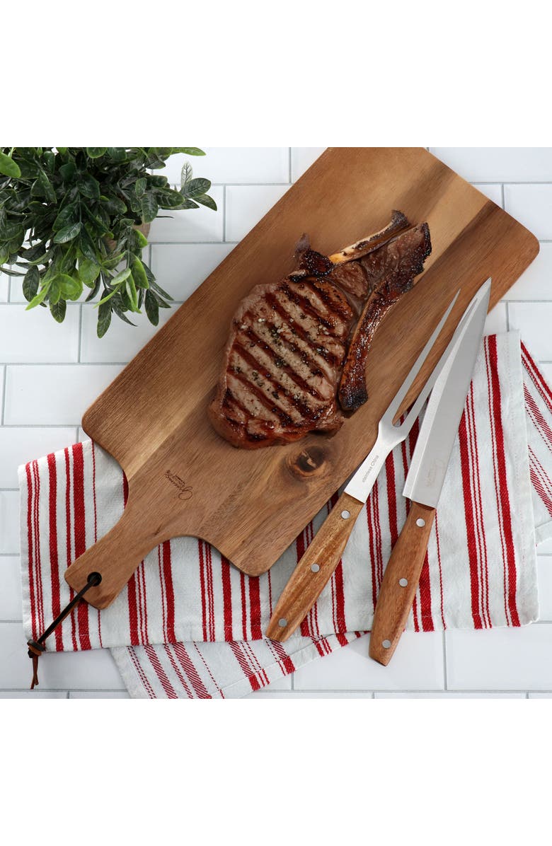 Gibson Elite 3 Piece Acacia Wood Serving Board with Carving Knife and Fork, Alternate, color, Brown