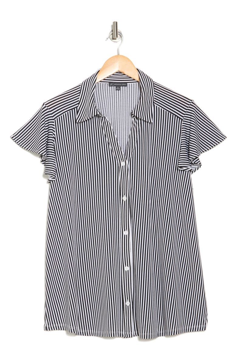 Adrianna Papell Flutter Sleeve Crepe Button-Up Top, Alternate, color, Black/Ivory Small Stripe