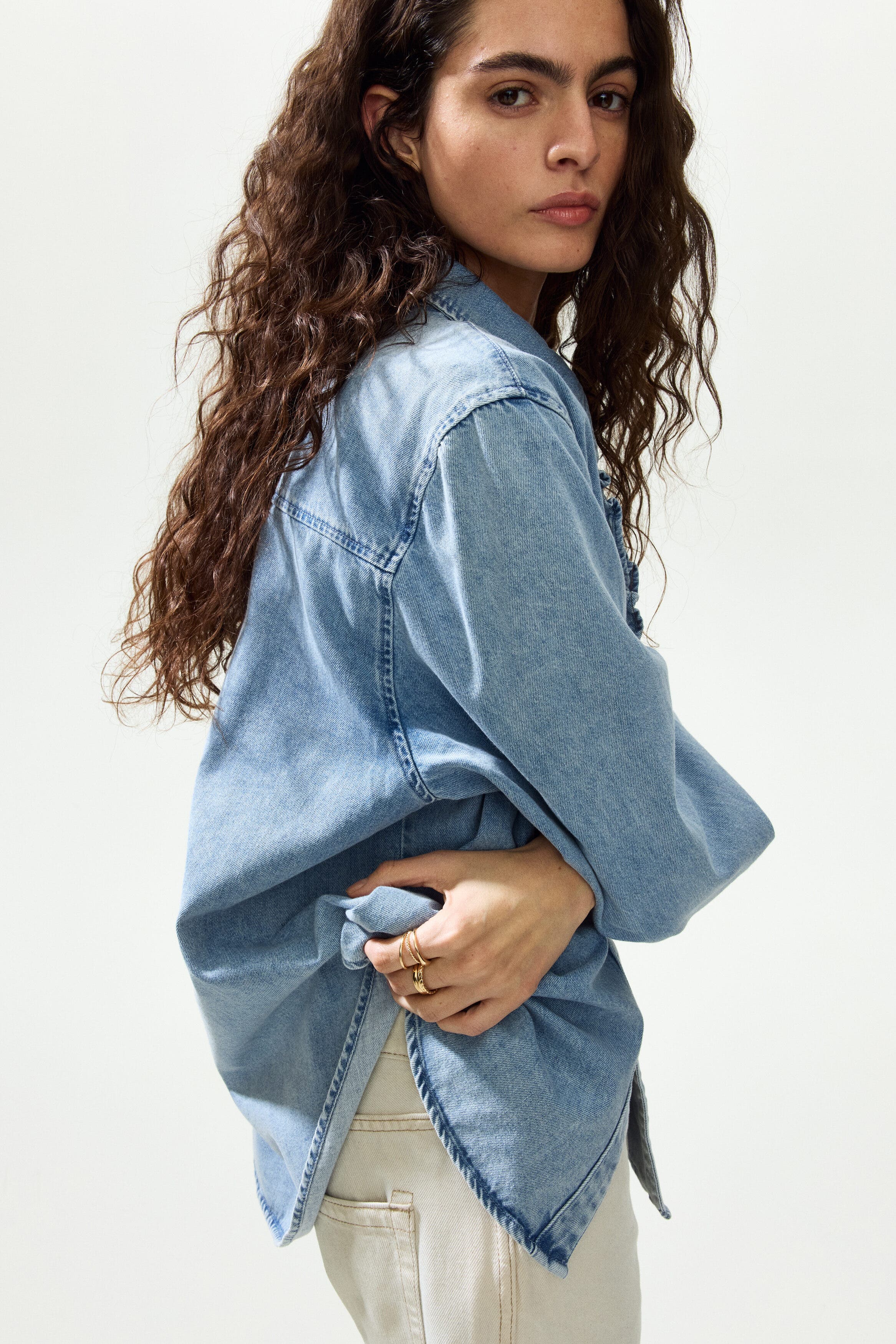 Ruffle-trimmed denim shirt - image 2