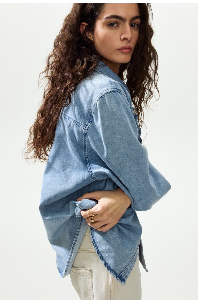 H&M Ruffle-trimmed denim shirt, Alternate, color, Denim Blue