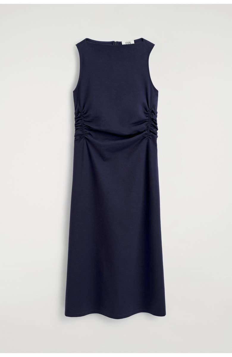 COS Ruched-waist Cotton-jersey Midi Dress, Alternate, color, Navy