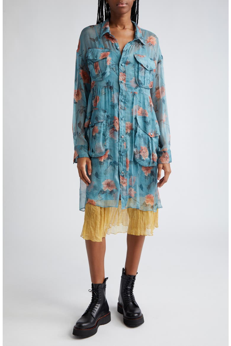 Floral Long Sleeve Double Layer Dress, Main, color, BLUE FLORAL