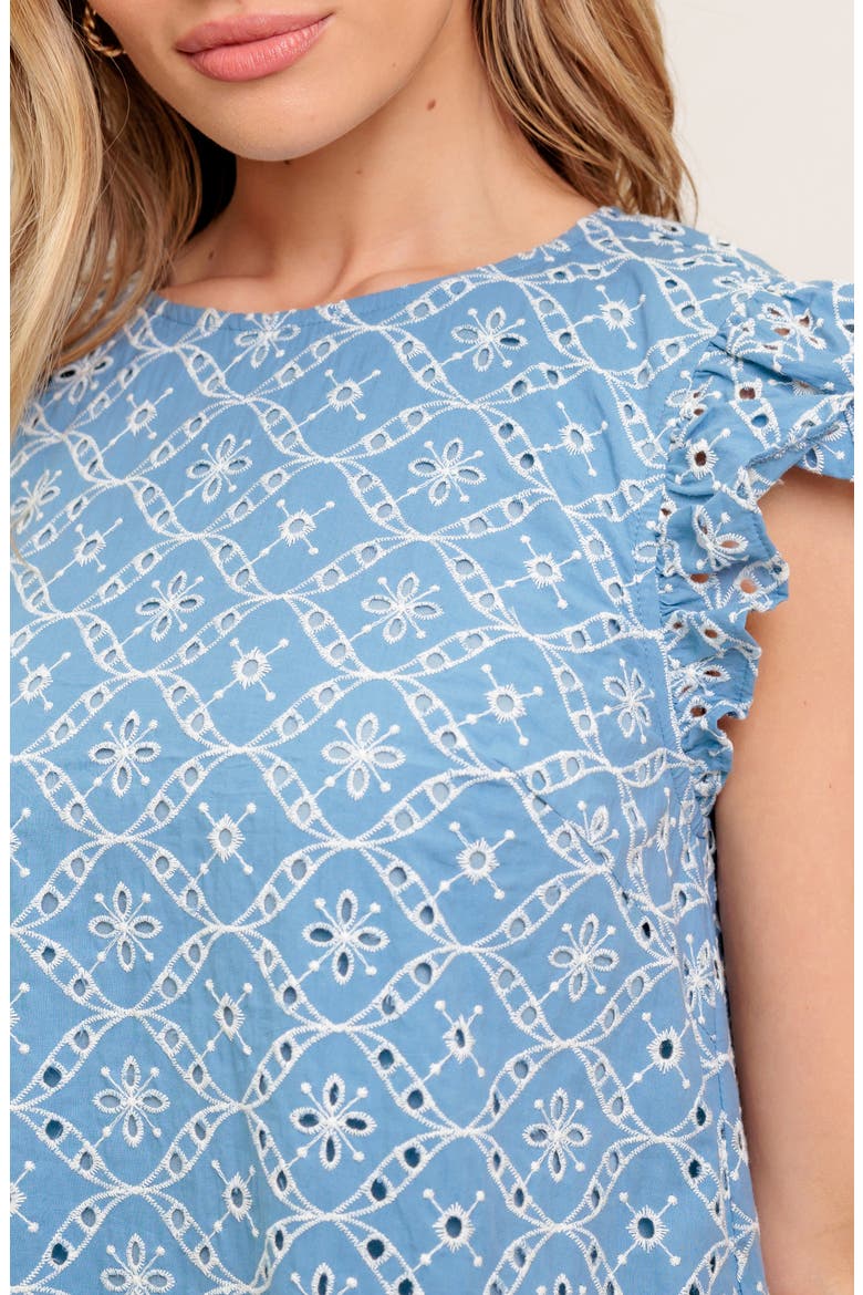 Embroidered Eyelet Cap Sleeve Drop Waist Dress, Alternate, color, BLUE/ IVORY