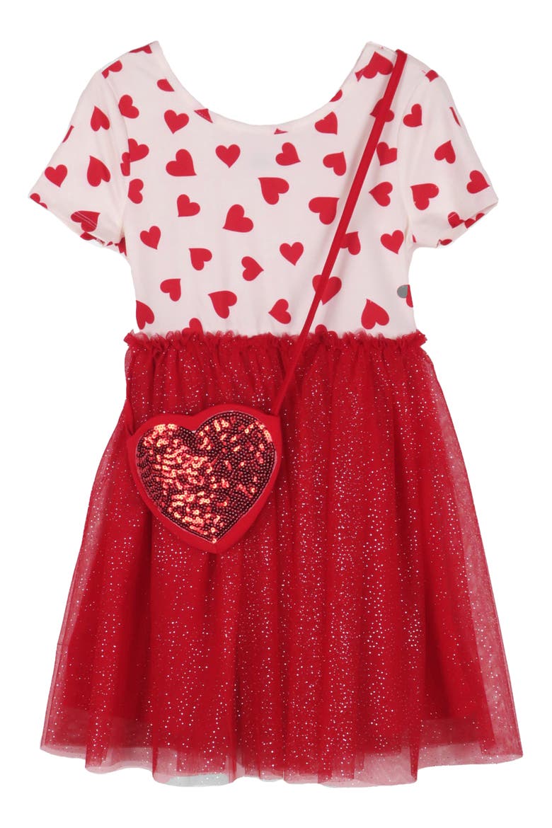 Kids' Heart Tulle Dress & Sequin Purse Set, Main, color, RED/IVORY