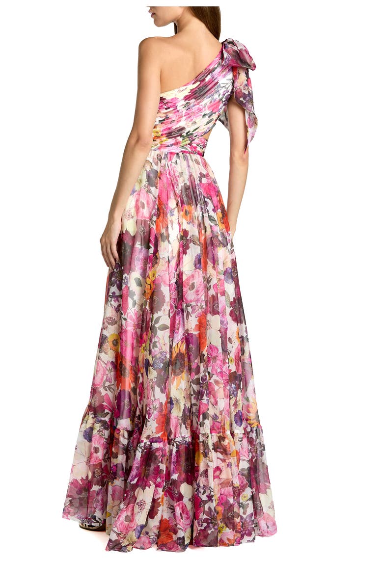 Mac Duggal Floral One-Shoulder Cutout Chiffon Evening Gown, Alternate, color, White Multi