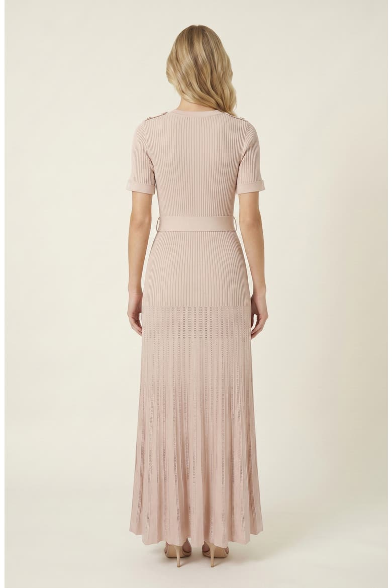 Ribbed Knit Belted Waist Pleated Midi Dress, Alternate, color, Beige