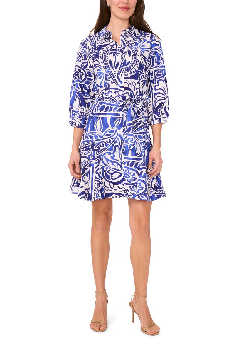 Collar Tie Waist Long Sleeve Dress, Alternate, color, BLUE MULTI