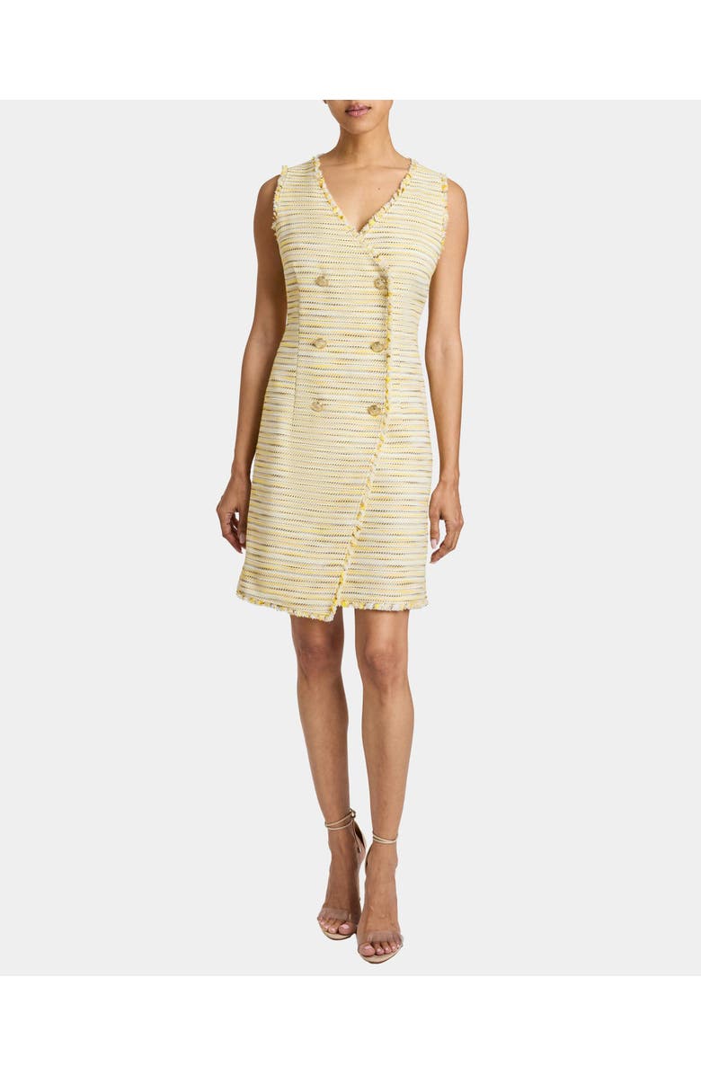 Santorelli DEE Sleeveless Double Breasted A-Line Dress with Asymmetric Skirt Panel in Lightweight Cotton Tweed, Main, color, Chamomile