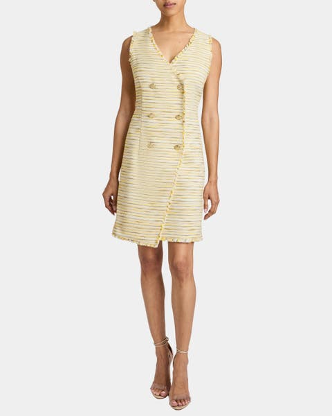 DEE Sleeveless Double Breasted A-Line Dress with Asymmetric Skirt Panel in Lightweight Cotton Tweed