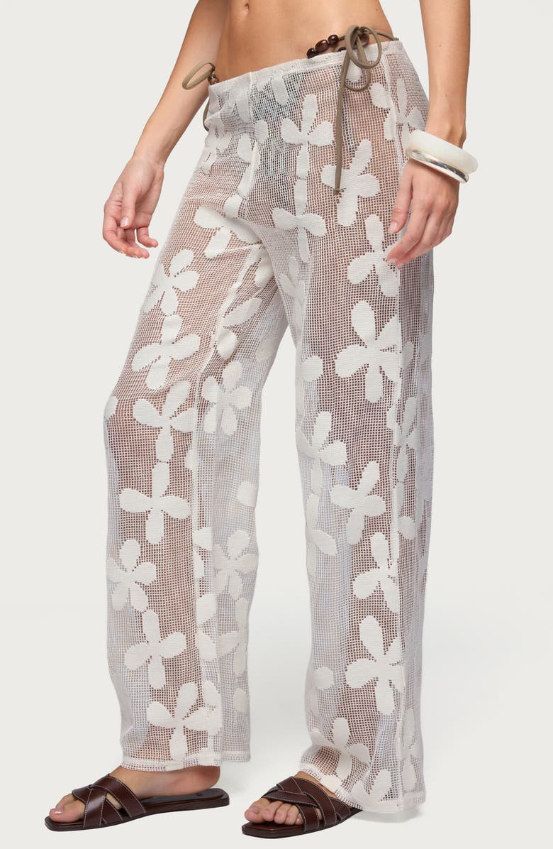 EDIKTED Candace Sheer Floral Cover-Up Pants, Alternate, color, Cream
