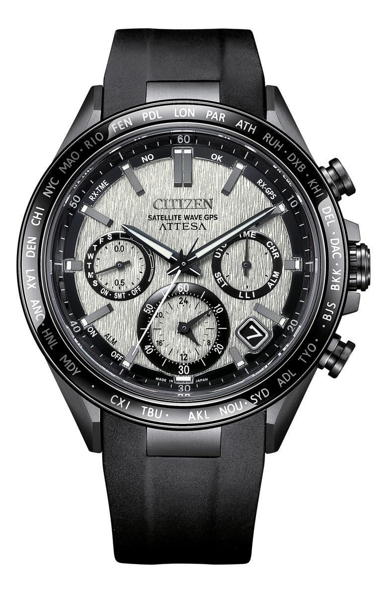 Citizen Attesa Satellite Wave GPS Eco-Drive Silicone Strap Watch, 44.5mm, Main, color, Black