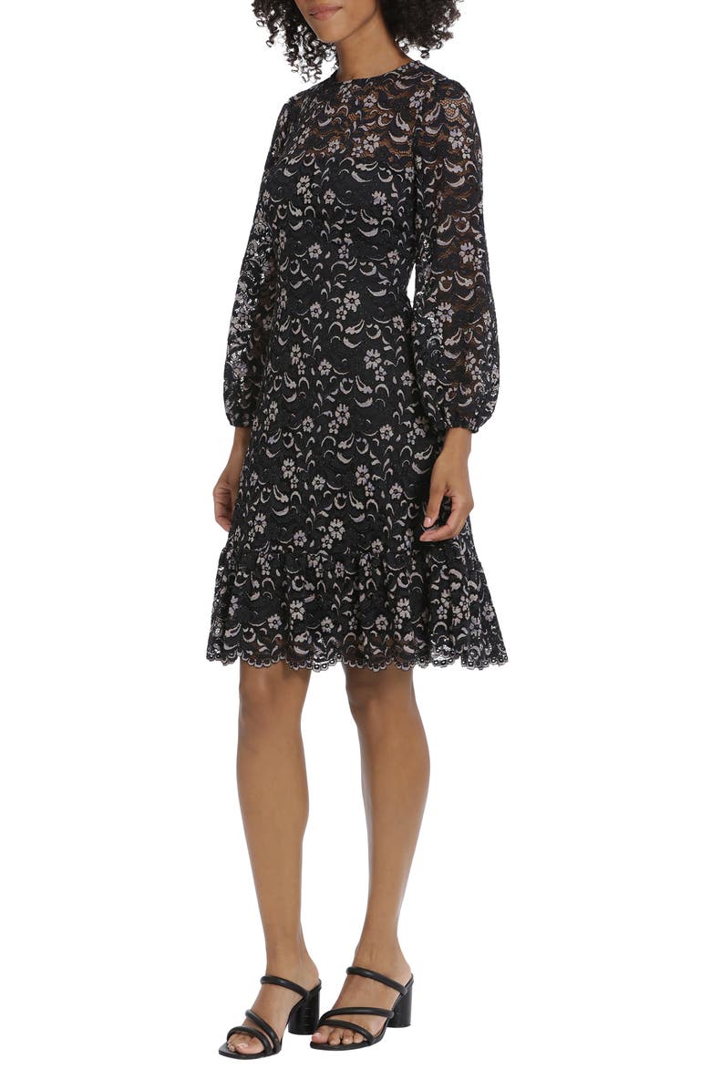 Maggy London Floral Lace Long Sleeve Fit & Flare Dress, Alternate, color, Blk Multi