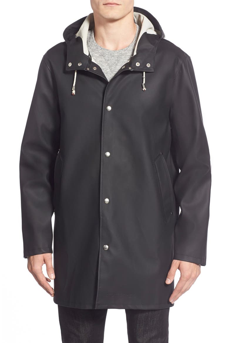Stockholm Long Sleeve Hooded Raincoat, Main, color, BLACK