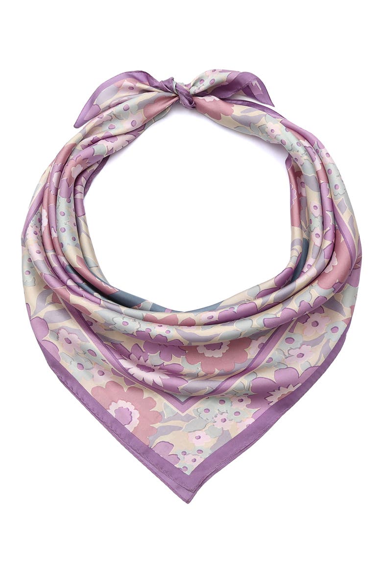 Laurel Floral Script Silk Square Scarf, Main, color, PURPLE MULTI