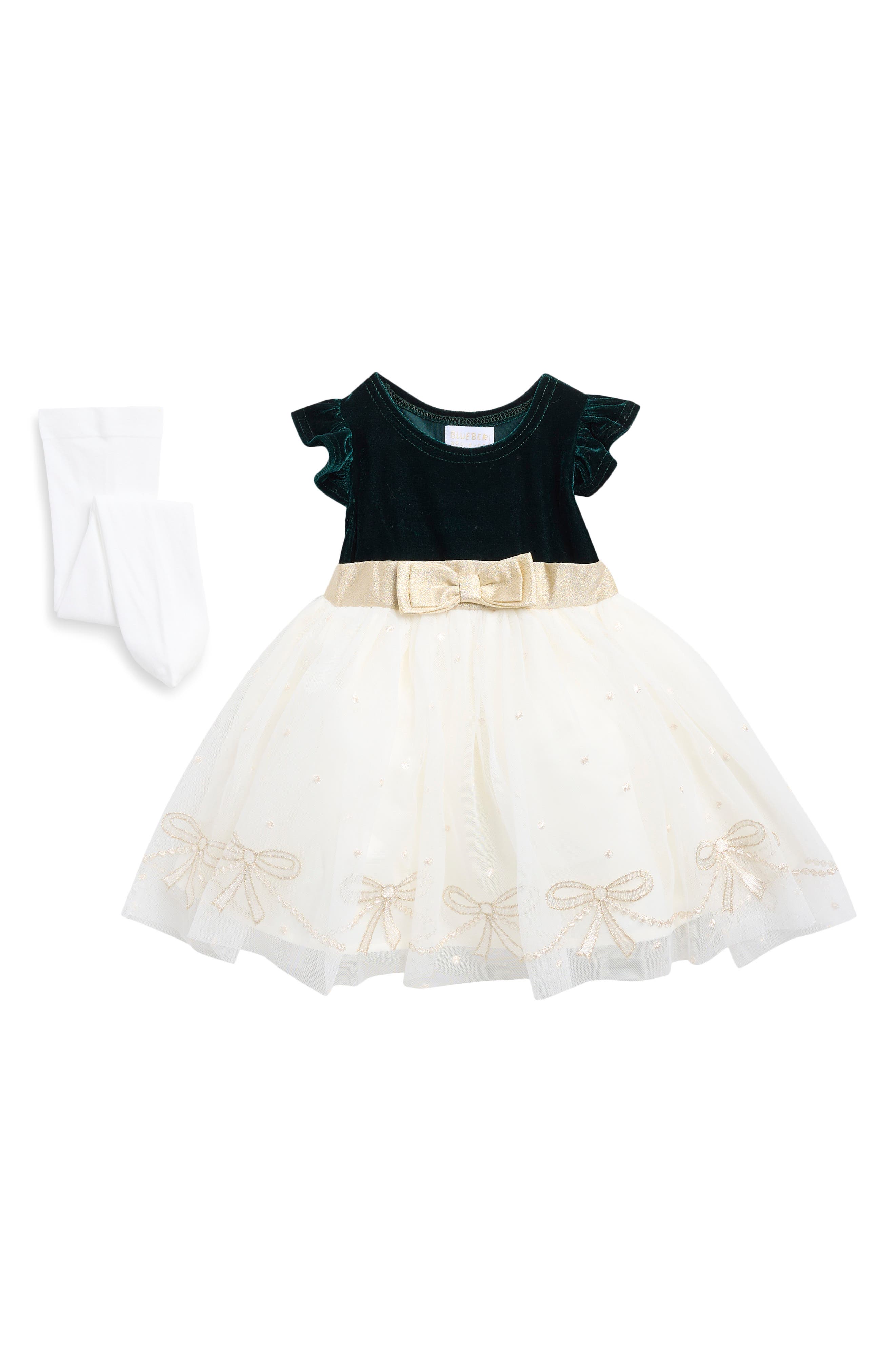 Bow Embroidered Velvet & Tulle Dress & Tights Set