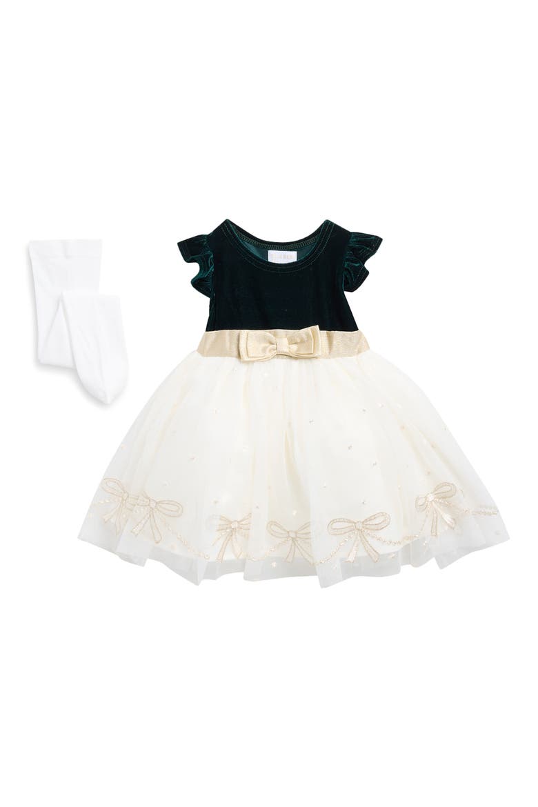 Bow Embroidered Velvet & Tulle Dress & Tights Set, Main, color, HUNTER GREEN