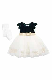 Bow Embroidered Velvet & Tulle Dress & Tights Set