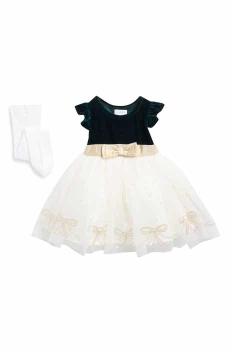 Bow Embroidered Velvet & Tulle Dress & Tights Set