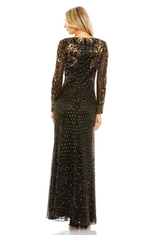 Mac Duggal High Neck Long Sleeve Embellished Gown In Black Gold