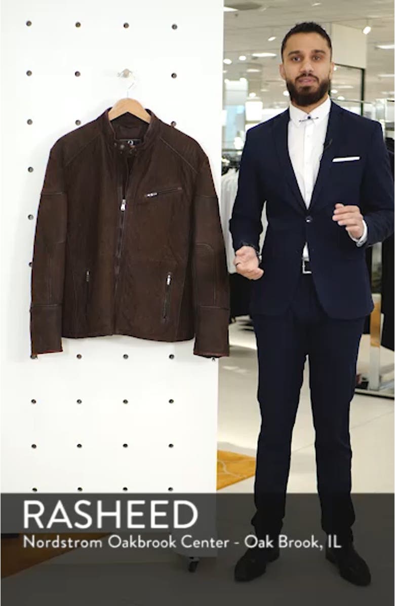 Regular Fit Quilt Stitch Leather Moto Jacket, sales video thumbnail