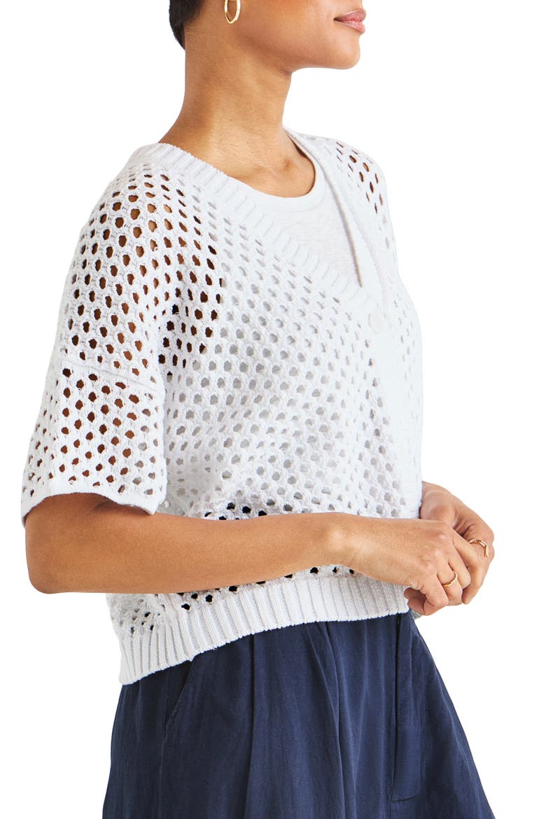 Nova Short Sleeve Cotton Pointelle Cardigan, Alternate, color, WHITE