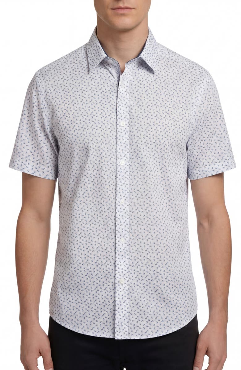 Report Collection Geo Print Short Sleeve Stretch Button-Up Shirt, Main, color, White