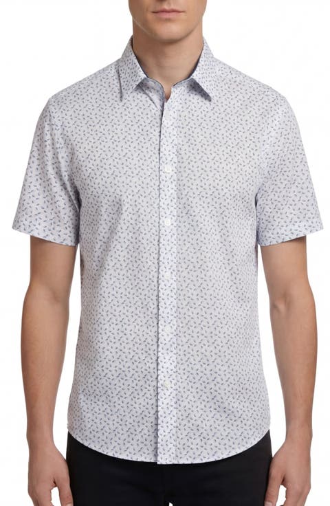 Geo Print Short Sleeve Stretch Button-Up Shirt