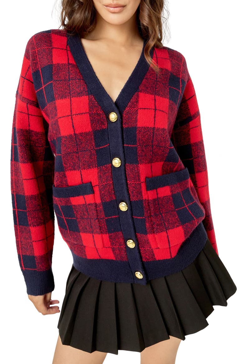 Oversize Check Cardigan, Main, color, BURGUNDY