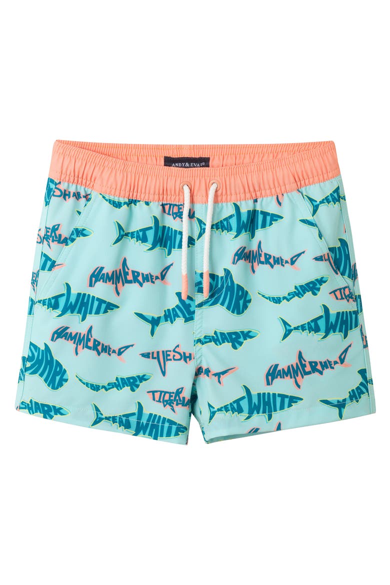 Kids' Sailboat Long Sleeve Two-Piece Rashguard Swimsuit, Alternate, color, AQUA SHARK
