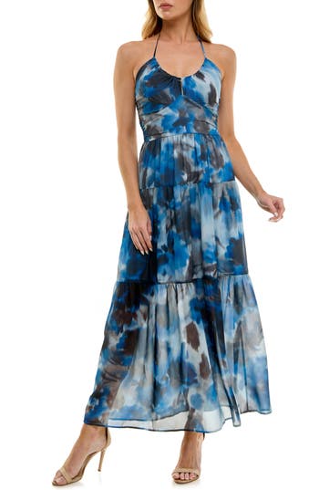 Socialite Halter Neck Tiered Maxi Dress In Blue- Coffee