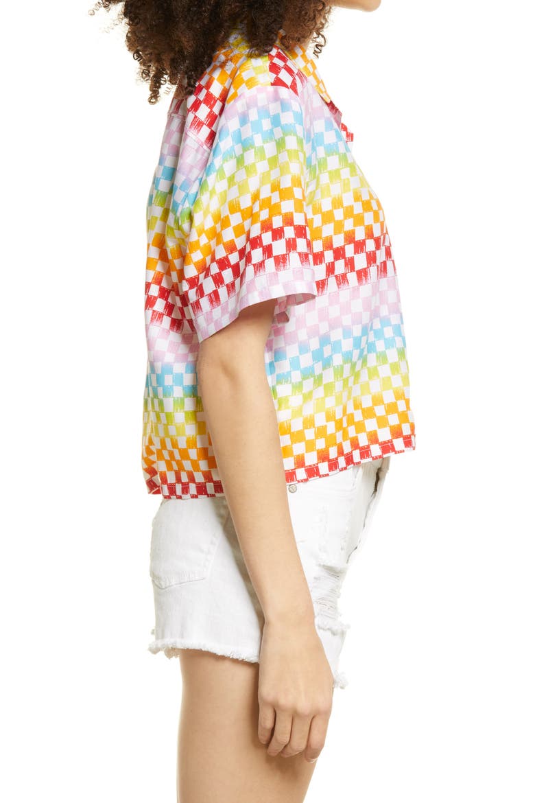 by BP Gender Inclusive Crop Camp Shirt, Alternate, color, WHITE RAINBOW ARCADE CHECK
