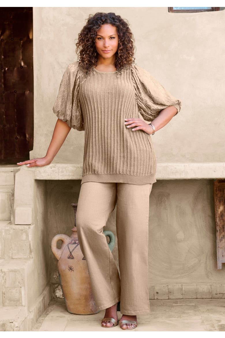 Lace Sleeve Sweater, Alternate, color, NEW KHAKI