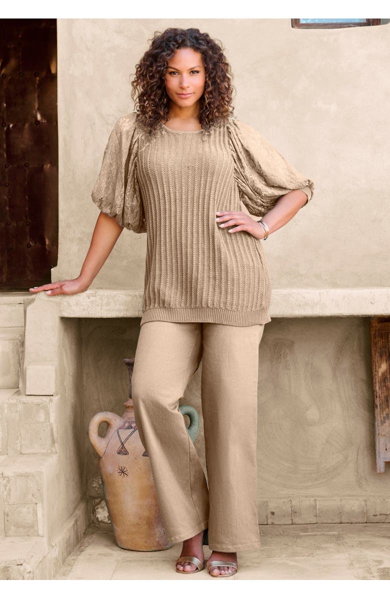 Roaman's Lace Sleeve Sweater, Alternate, color, New Khaki