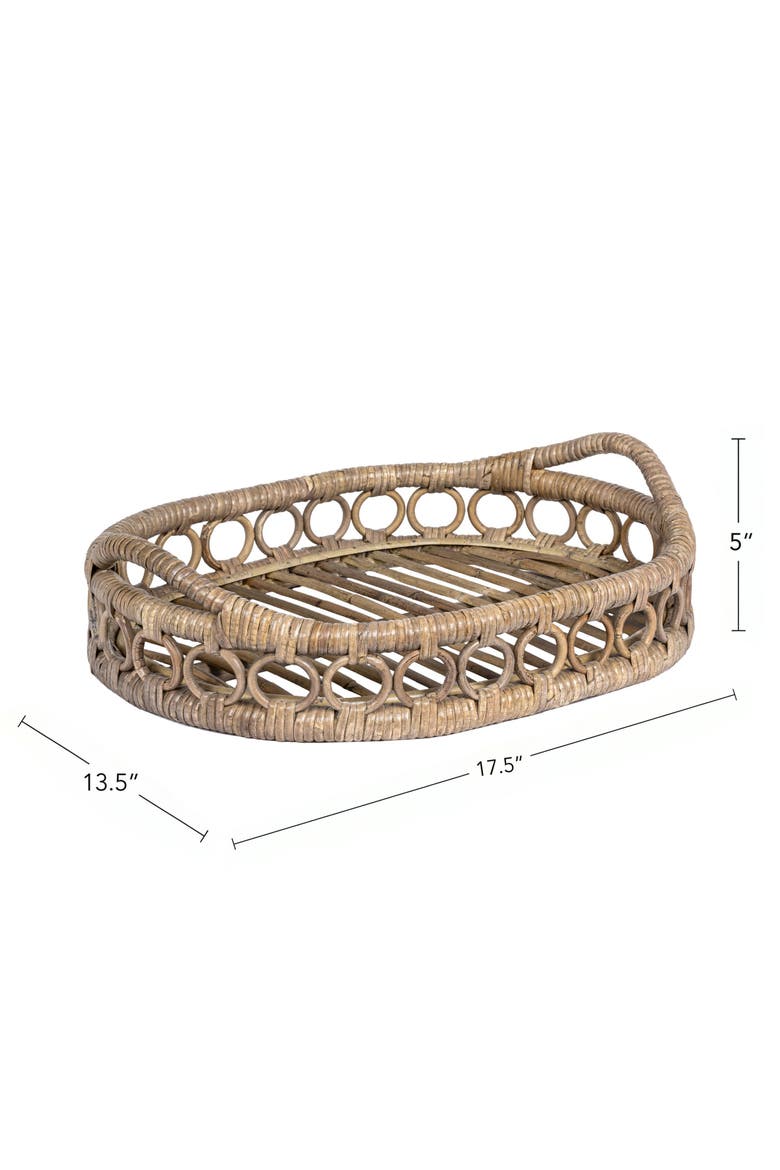 Cassini Handcrafted Rattan Oval Geometric Loop Ring Decorative Serving Tray with Handles and Slat Base, Alternate, color, Gray