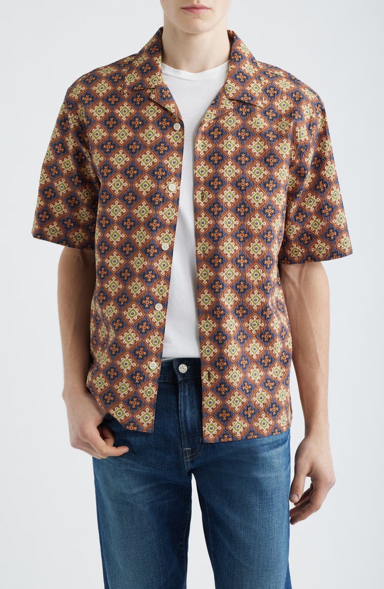 Wax London Didicot Cotton Seersucker Camp Shirt, Main, color, Rust / Multi