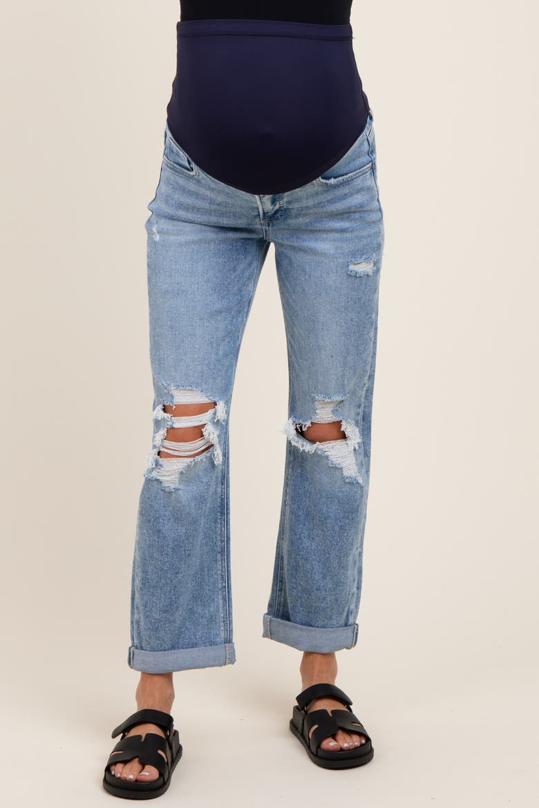 Ripped Knee Rolled Cuff Straight Leg Maternity Jeans, Alternate, color, Light Blue