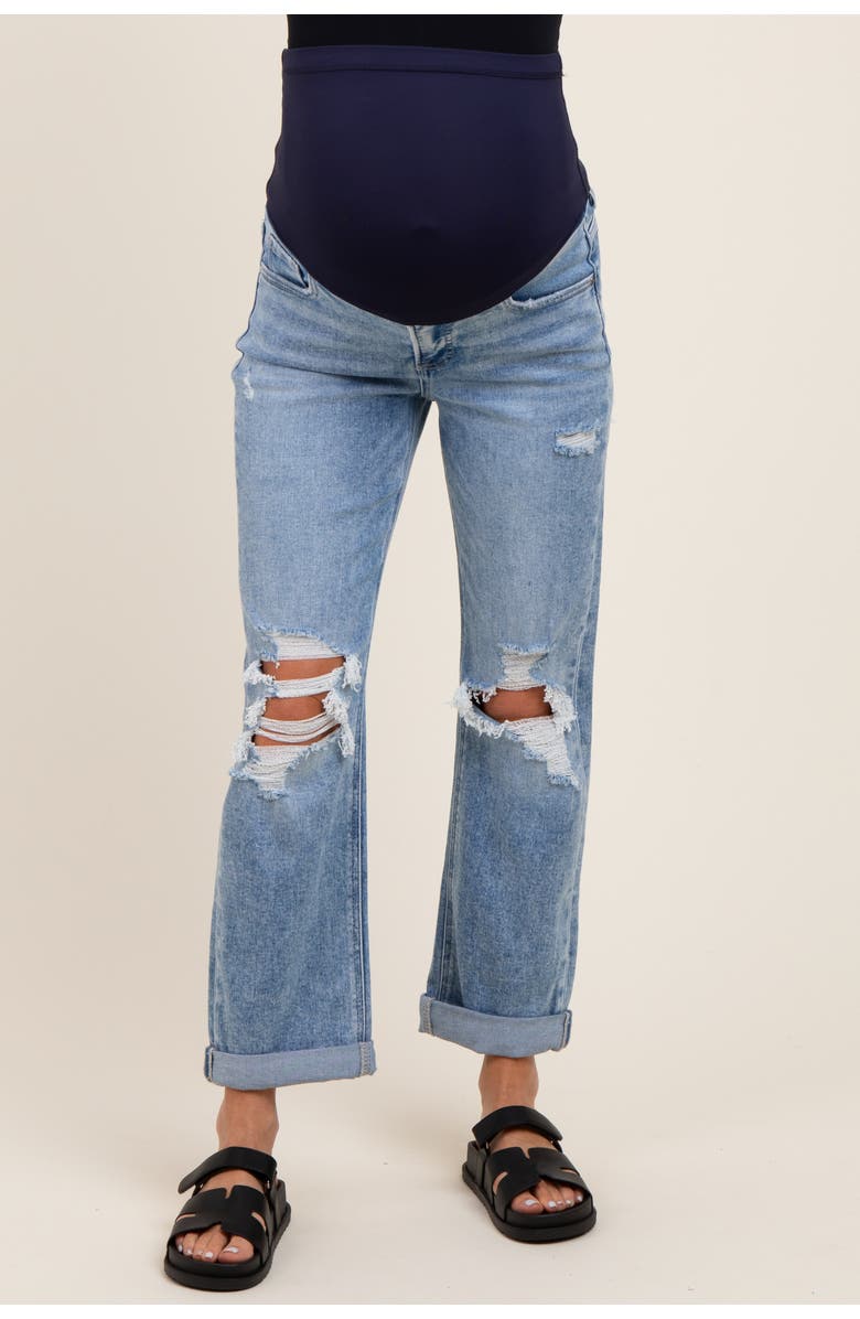 PinkBlush Ripped Knee Rolled Cuff Straight Leg Maternity Jeans, Alternate, color, Light Blue