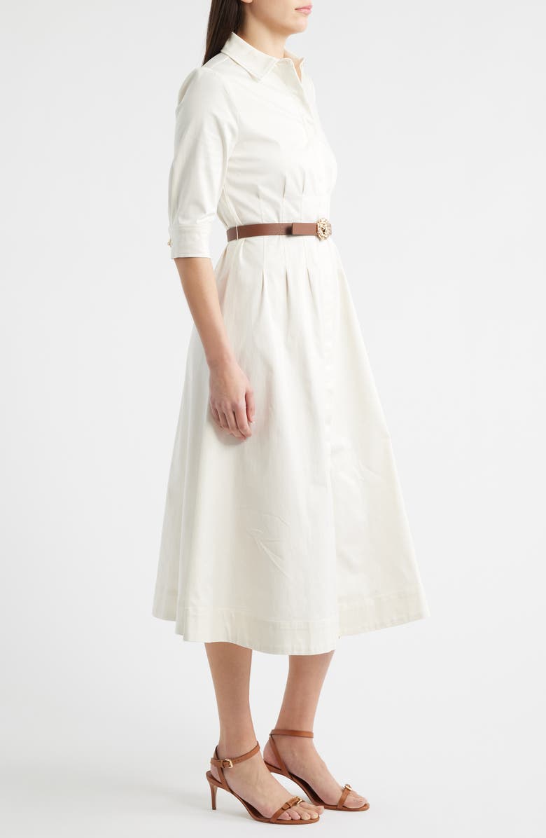 Anne Klein Elbow Sleeve Stretch Cotton Shirtdress, Alternate, color, White Dove