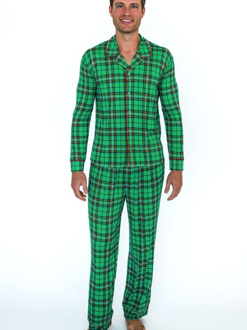 Rufflebutts Softsnooze Adult Gender Inclusive Holiday Button Up Pajama Set In Green
