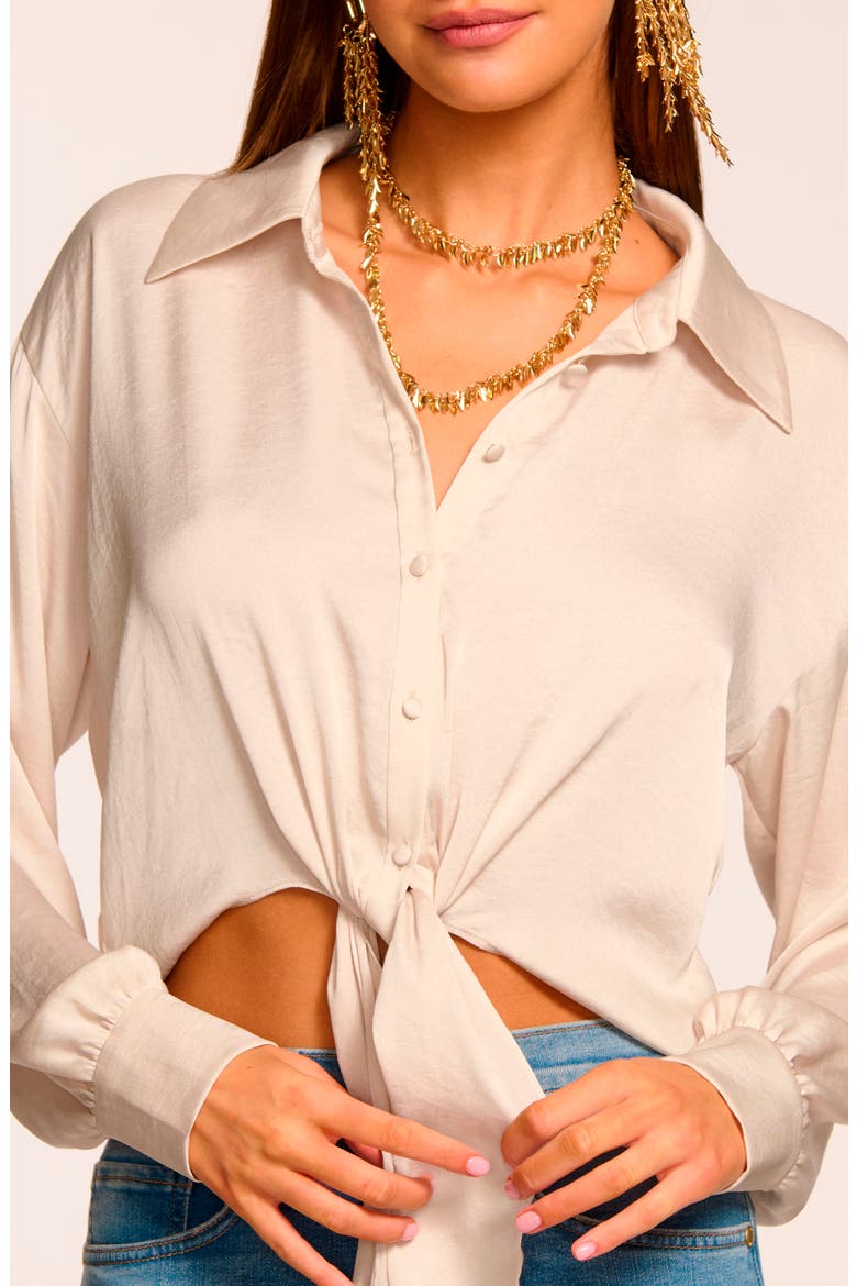 Luna Tie Waist Crop Satin Shirt, Alternate, color, SANDSTONE