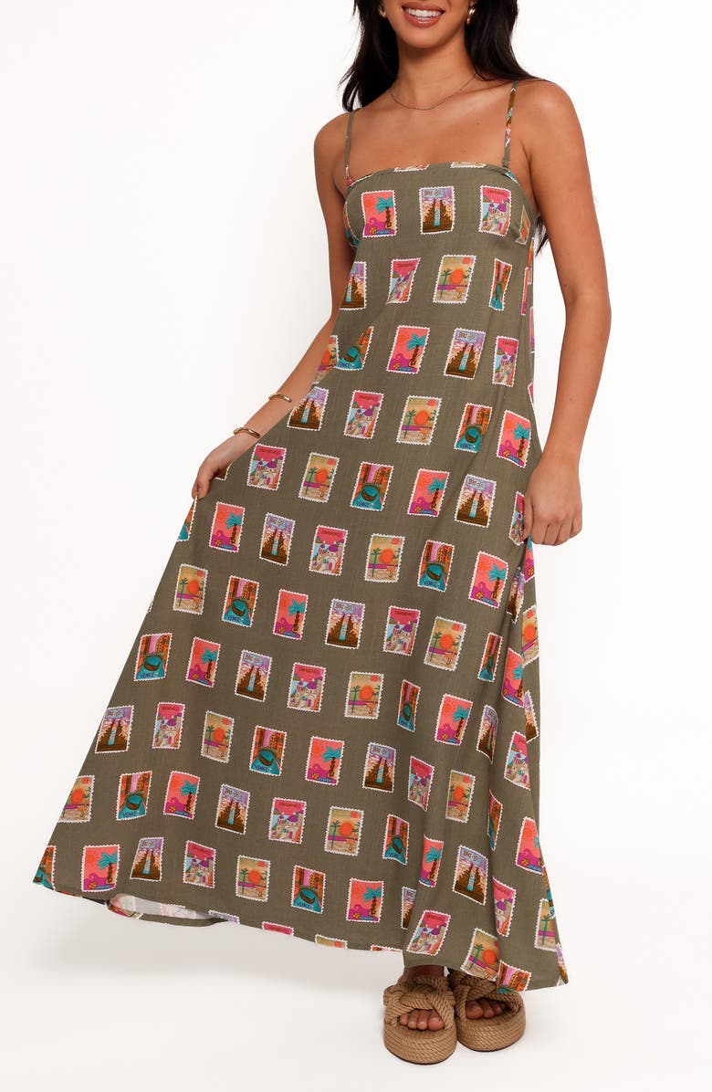 Petal & Pup Aoife Postcard Print Maxi Dress, Main, color, Olive Print