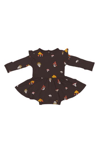 Kyte Baby Fungi Twirl Long Sleeve Skirted Bodysuit In Brown