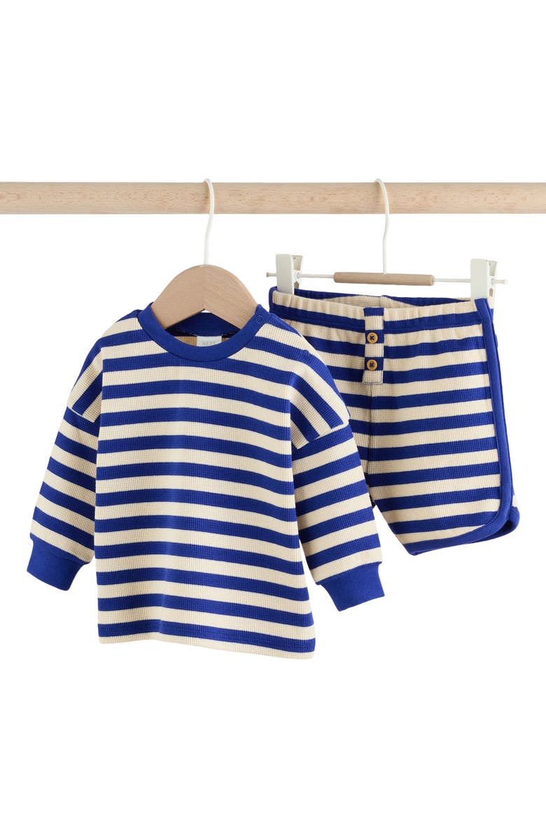 NEXT Stripe Stretch Cotton Thermal Top & Shorts Set, Main, color, Blue