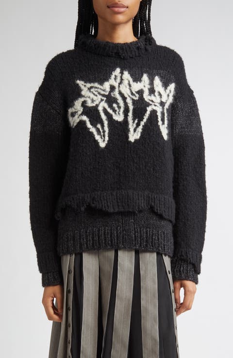 Embroidered Angels Distressed Hand Knit Sweater