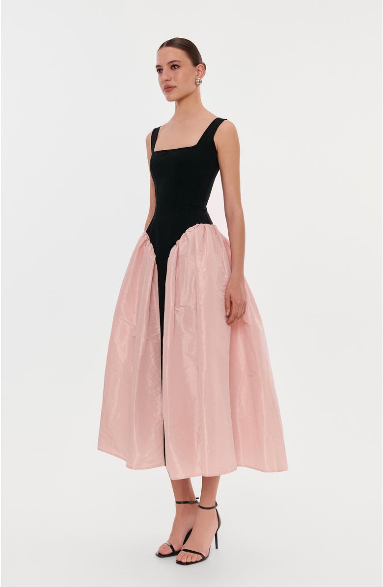 Milla Corset Dress On Straps With A Glossy Midi Skirt, Alternate, color, Black&Pink