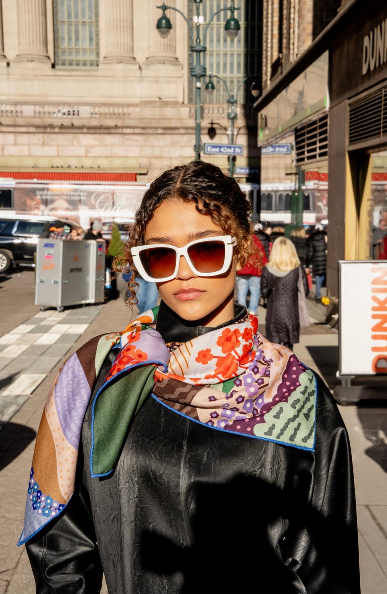 Jessie Zhao New York Double Sided Wool Silk Scarf Of Floral Mountain, Alternate, color, Blue