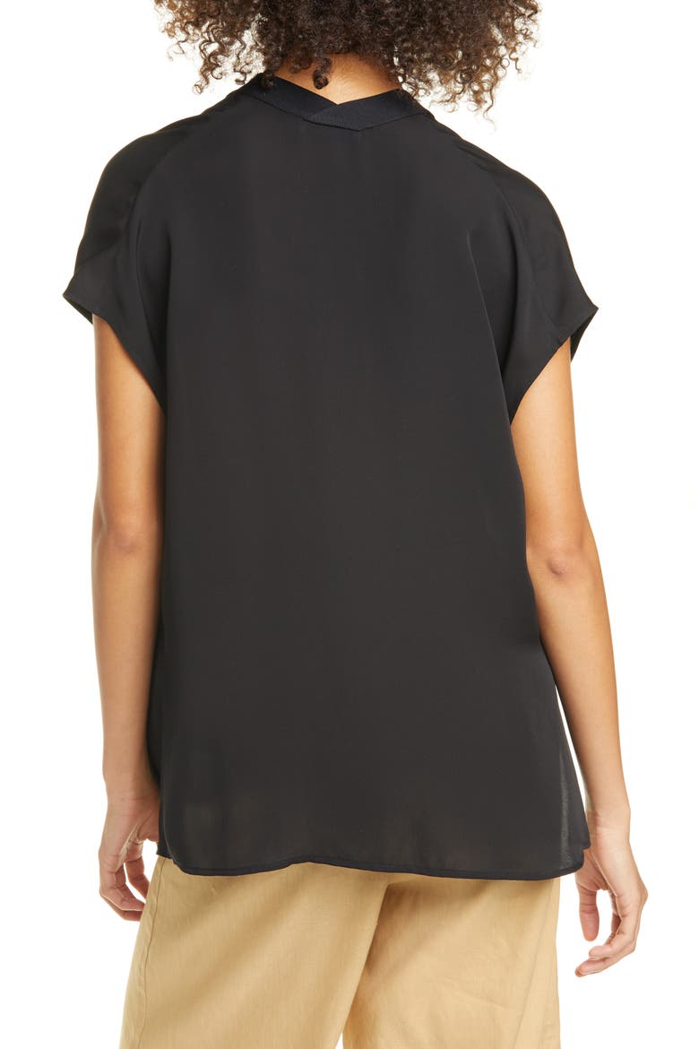 Contrast Trim Short Sleeve Silk Blouse, Alternate, color, BLACK