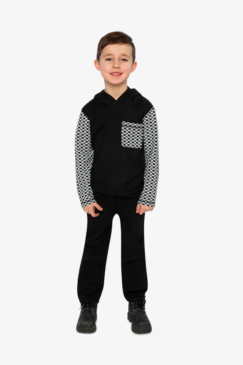 Colorblock Checkered Chest Pocket Hooded Top, Alternate, color, Black and White